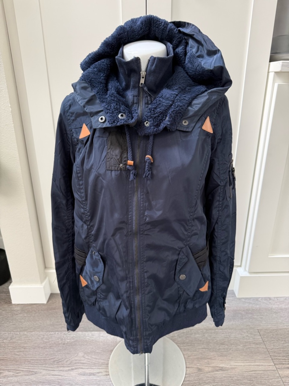 Navy Hooded Puffer Jacket with Sherpa Lining